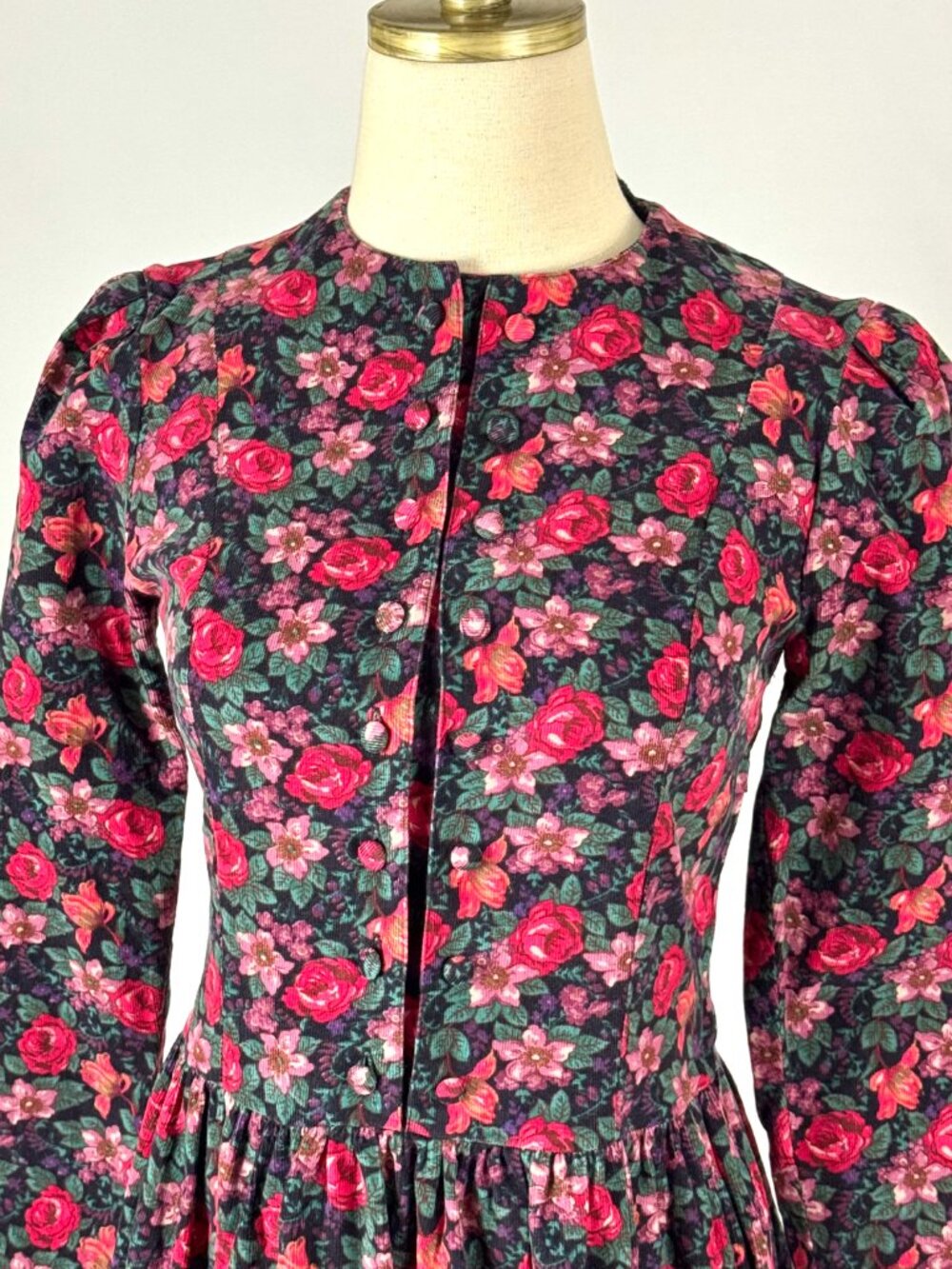 Vtg 90s Laura Ashley Floral Corduroy Button Front Dress Cottagecore Victorian - Picture 3 of 10